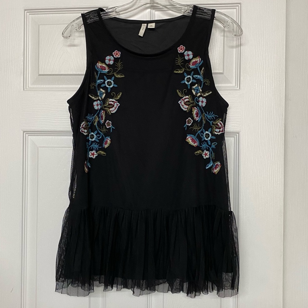Floral Embroidery Black Longline Tank Top Net Overlay Tulle Hem Sz M